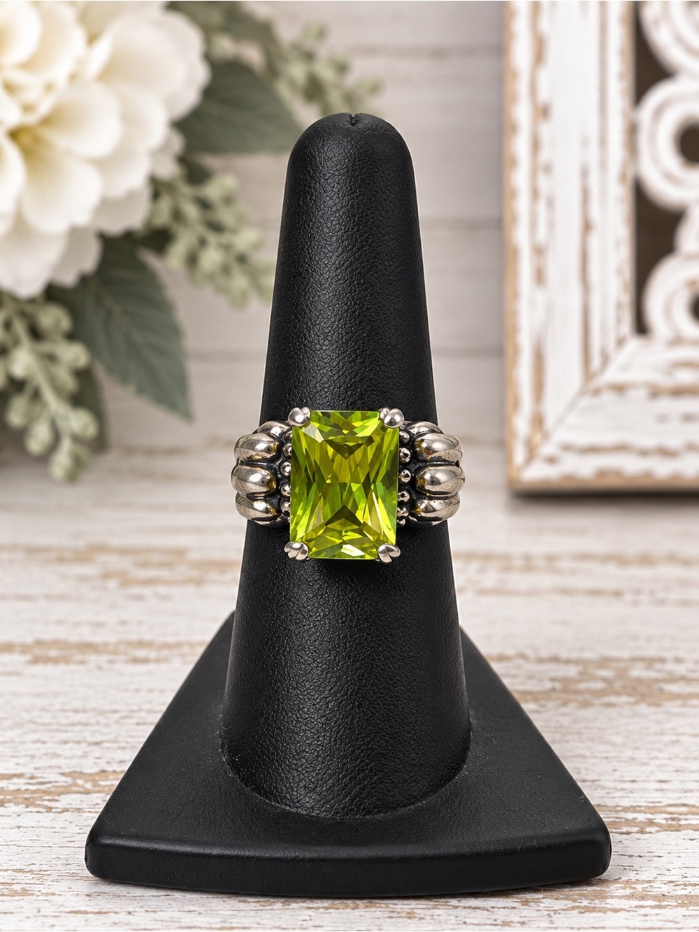 Vintage 925 Sterling Silver Lemon Yellow Green CZ Statement Ring Emerald Cut